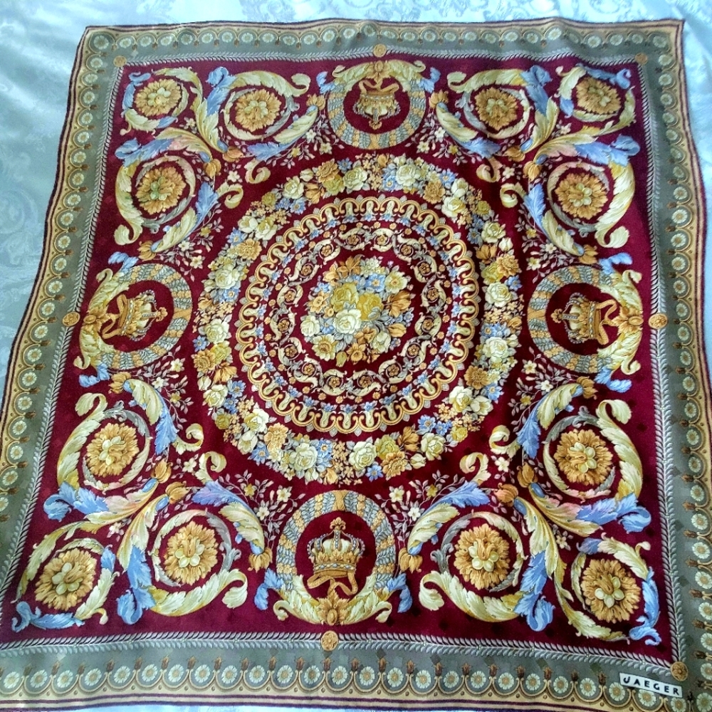 Vintage Jaeger Made In Italy,Red and Gold Baroque Scarf 100%silk,34"X34"